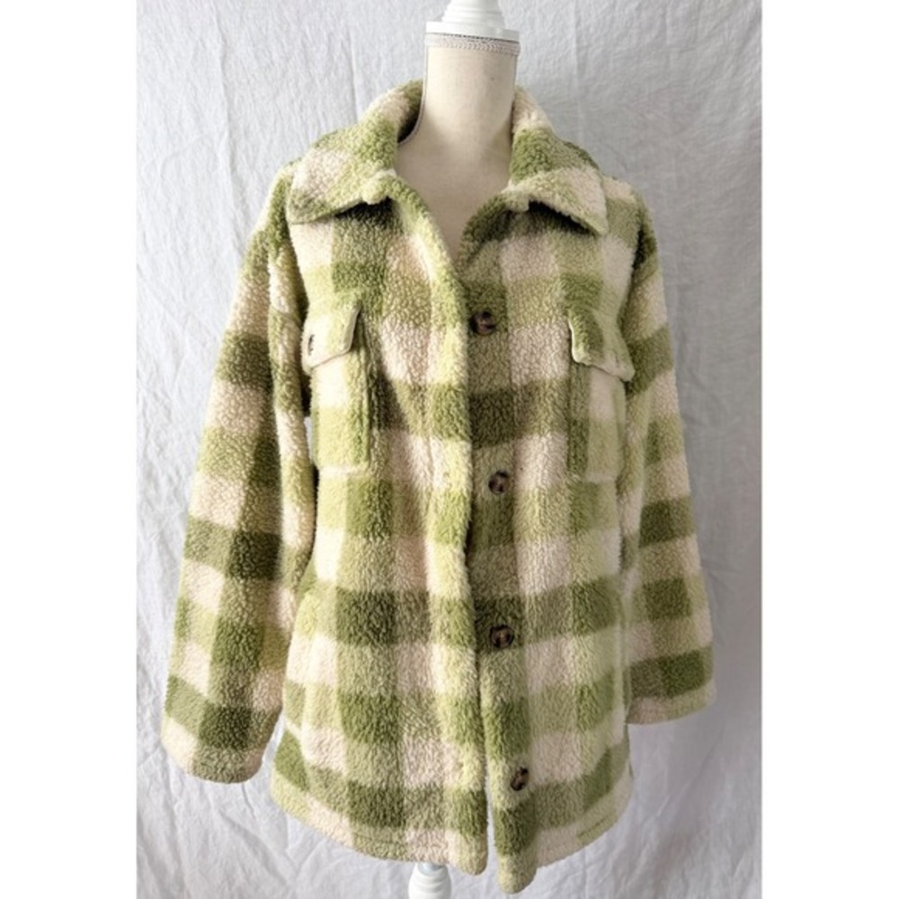 Billabong Shacket Fairbanks Button-Up Teddy Bear Jacket Plaid Sherpa Large - Picture 2 of 7